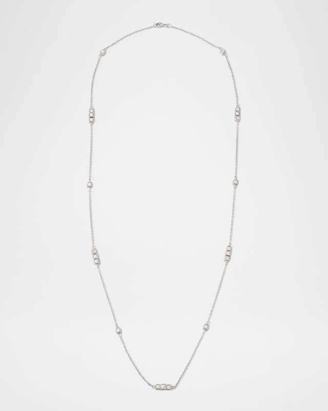 Faro Long Necklace in 18K White Gold with Cube Elements and White Diamonds, 70cm